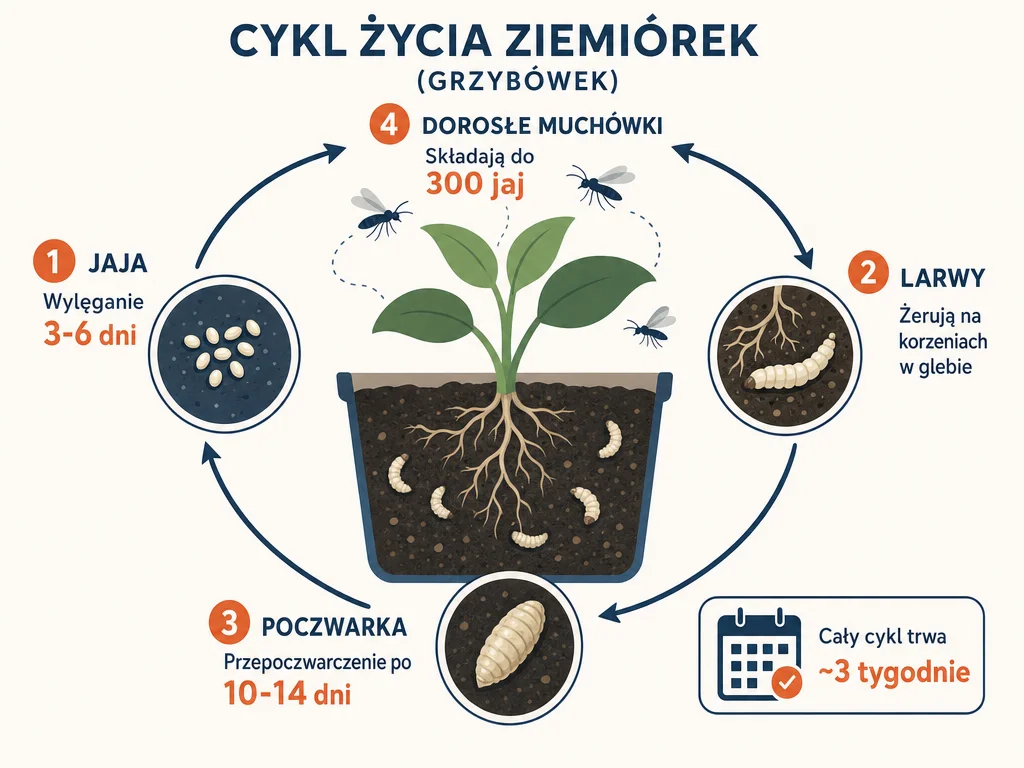 Diagram cyklu rozwojowego ziemiórek pokazujący jaja, larwy w glebie i dorosłe muszki oraz dlaczego mydło nie dosięga larw