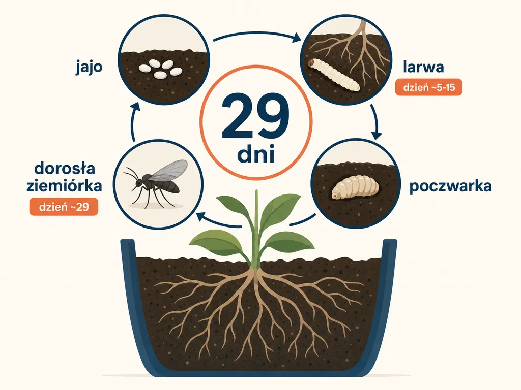 Diagram cyklu rozwojowego ziemiórki trwającego 29 dni - jajo, larwa, poczwarka, dorosły osobnik