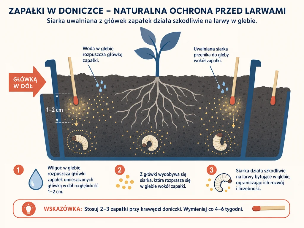  Diagram przekroju doniczki z zapałkami wbitymi główkami w dół uwalniającymi siarkę do gleby