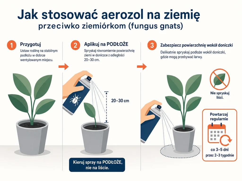 Instrukcja aplikacji Muchozolu na podłoże z odległości 20-30 cm, omijając liście rośliny.