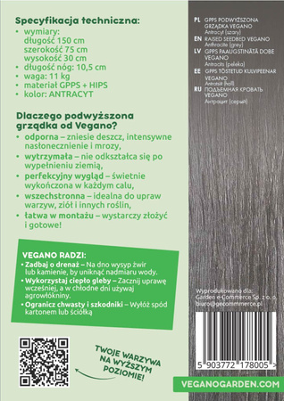 Warzywniak - podwyższona grządka - szary GPPS - Vegano - 150 x 75 x 30 cm