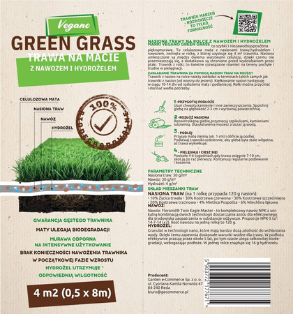 GreenGrass - Trawa Na Macie – z nawozem i hydrożelem Trawy Vegano 2 x 0,5 x 8 m (8 m²)